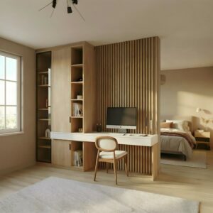 Bureau avec rangements sur-mesure réalisé par UP Créateur d'Intérieur le Mans