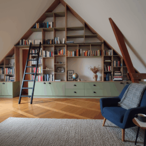 Bibliothèque sous rampant fabriqué sur-mesure par UP le Mans