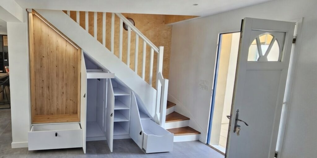 Meuble d'Entrée sous-escalier sur-mesure par UP le Mans